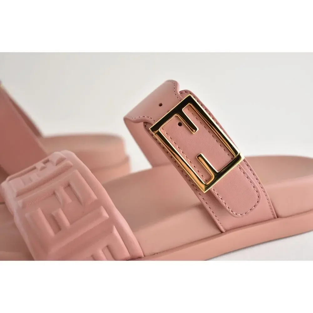 Fendi Feel Slide Pink Brick Leather FF Baguette Logo Gold Mule Flat Sandal 37